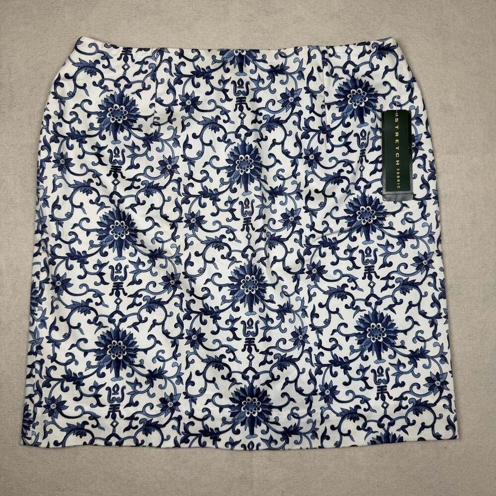 LAUREN Ralph Lauren Skirt Womens Size 12 Blue White Floral Stretch Fabric Skirt